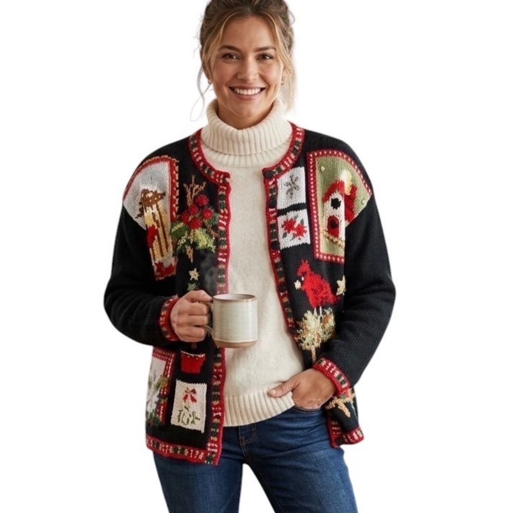 Tiara International Vintage Christmas Cardigan Black Cardinal Patchwork Medium